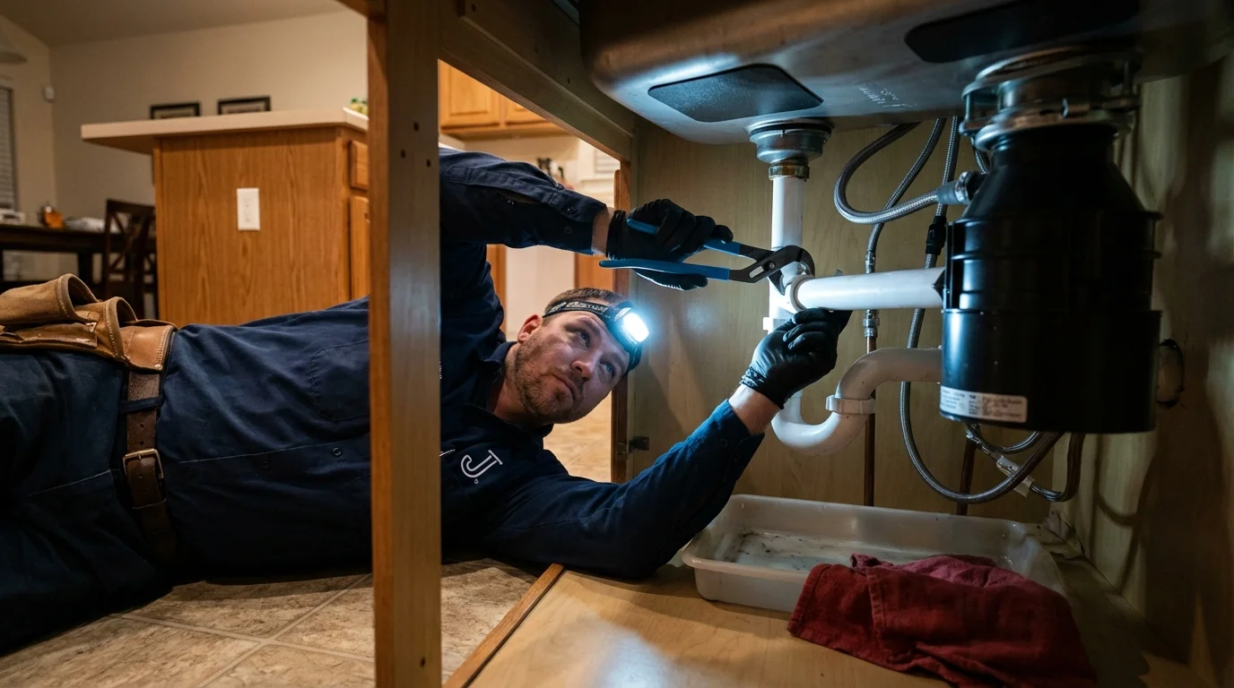 P-trap and supply line connections under a kitchen sink showing a common leak point in Union, OR